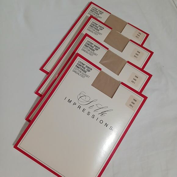 NEW 4 Pairs Silk Impressions Sand C Lycra Sheer Control Top Pantyhose Cotton - Picture 3 of 6